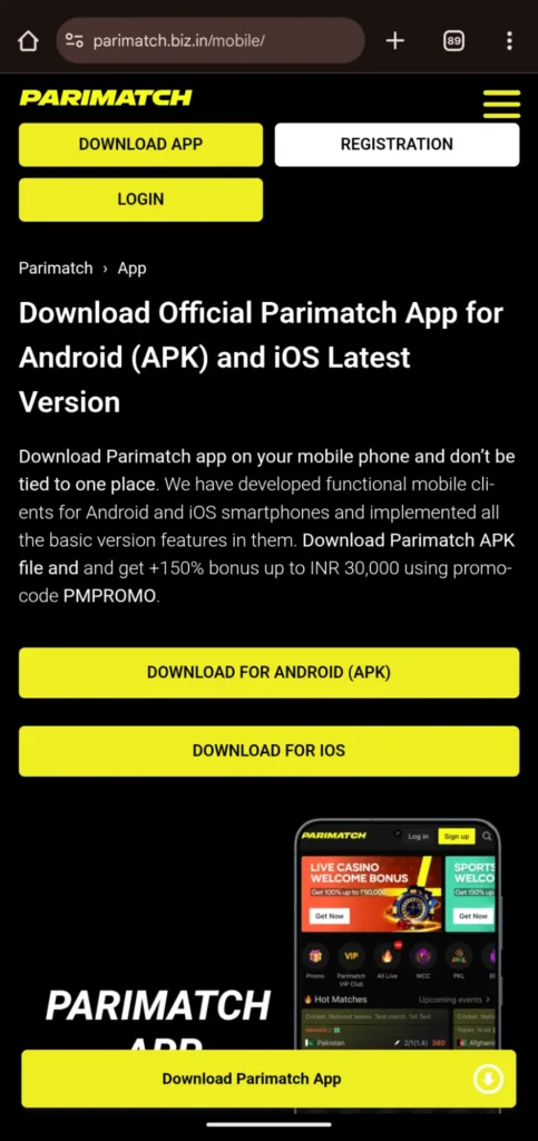 Parimatch App for android or IOS
