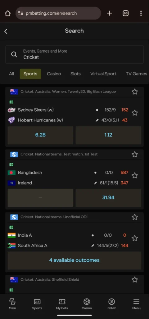 Variety Cricket betting options on Parimatch