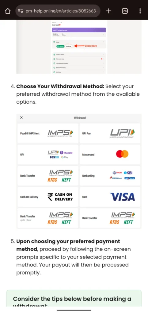Parimatch Withdrawal Methods