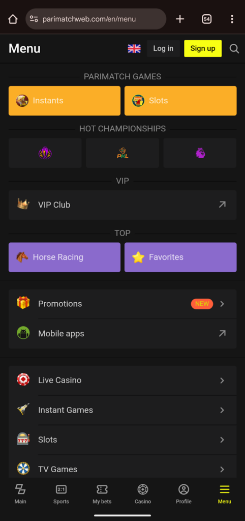 Parimatch Games App Menu