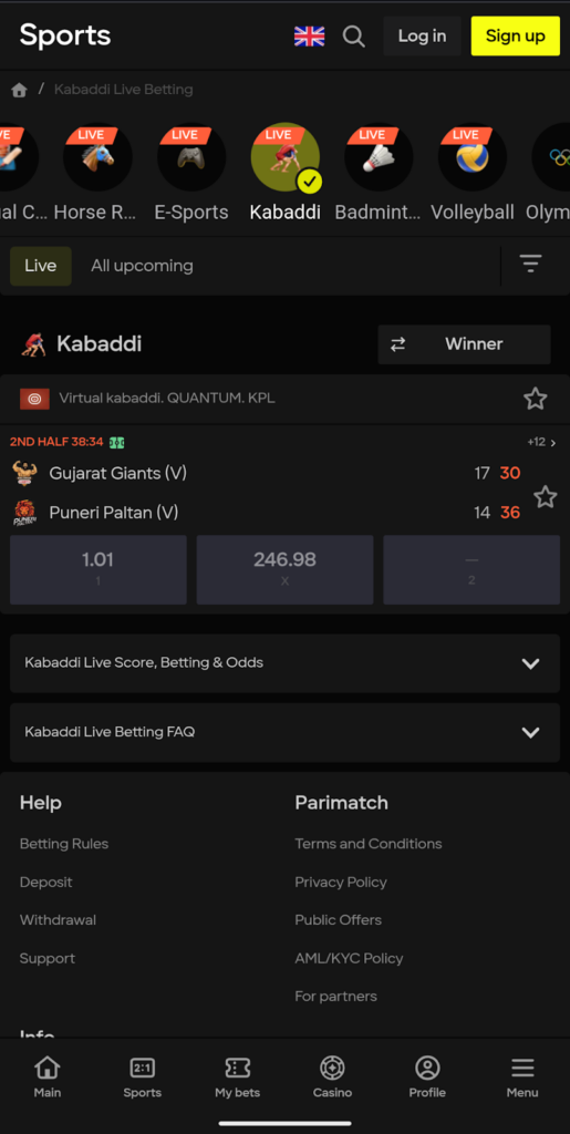 Parimatch Live Kabbadi Sports Betting