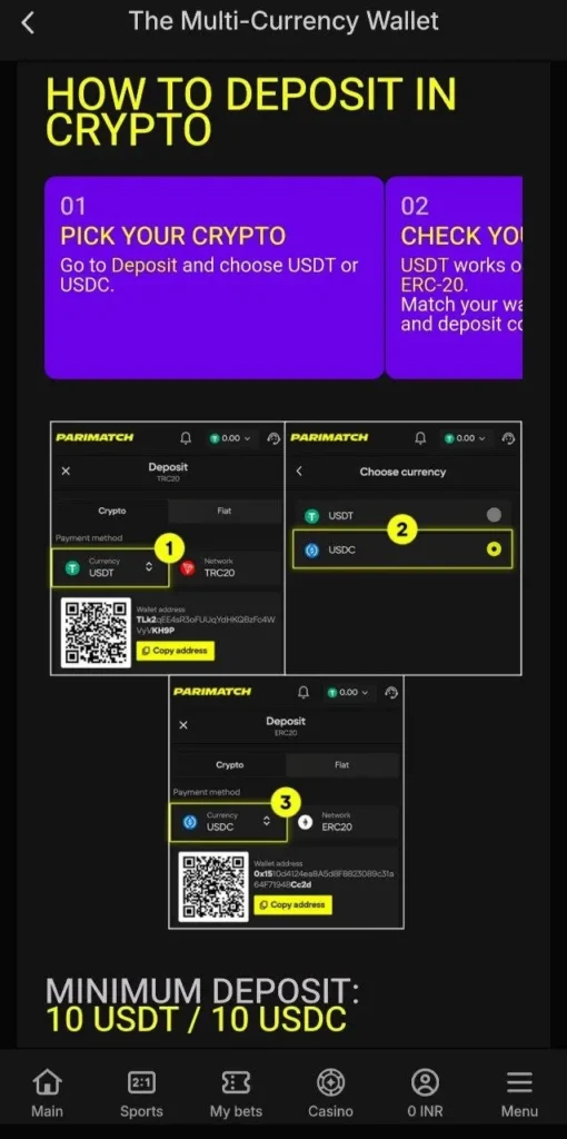 Crypto deposit on Parimatch
