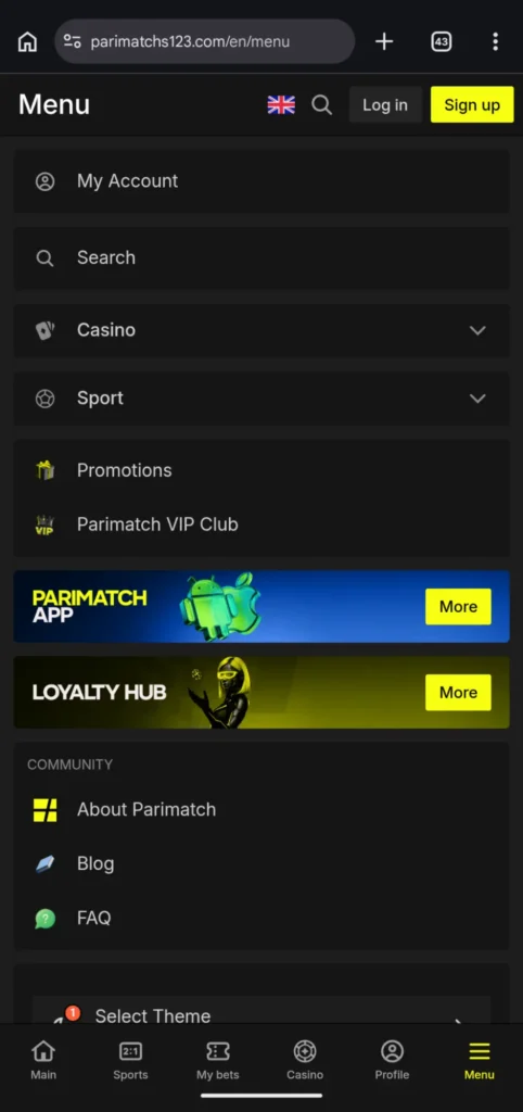 Parimatch Games App Menu